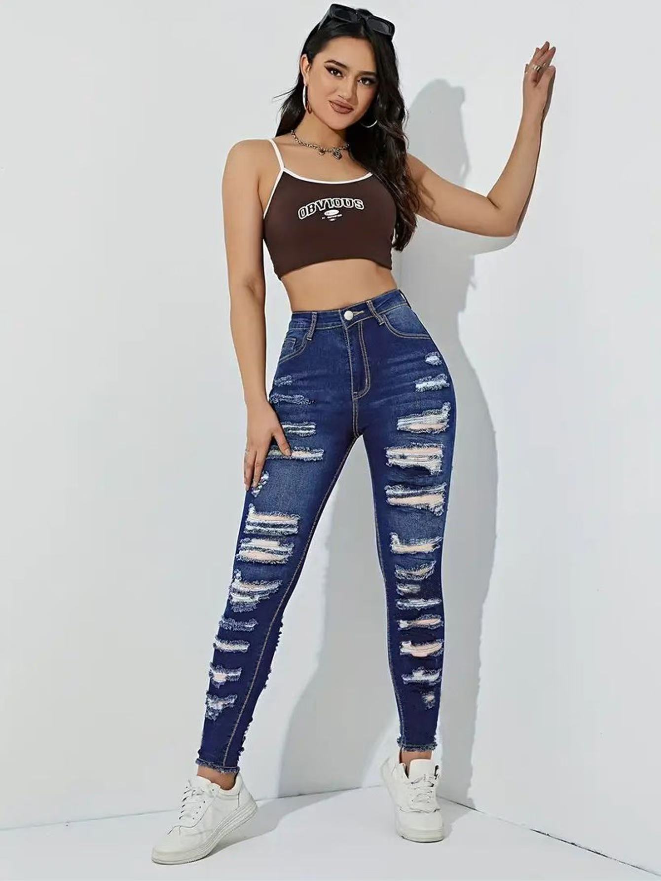 High Waist Distressed Skinny Jeans with Heavily Ripped Design